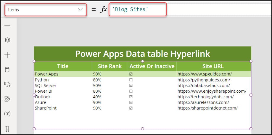 Add Hyperlink to Power Apps Data Table