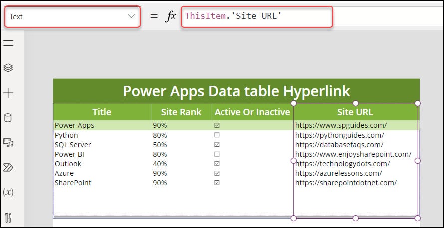 Add Hyperlink to PowerApps Data Table