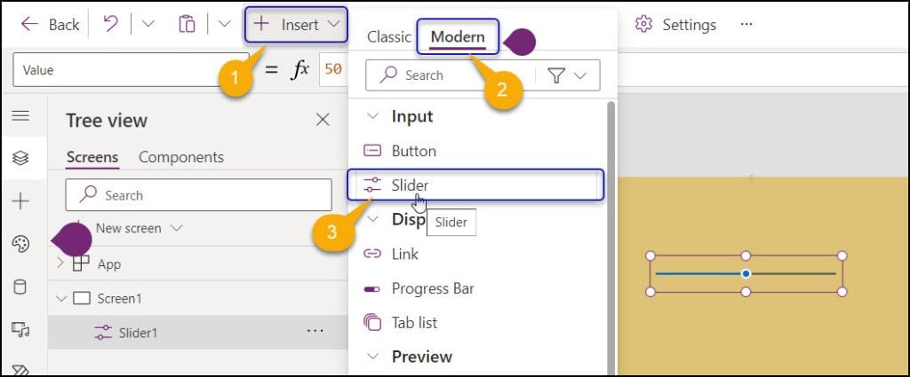 Add modern slider in Power Apps