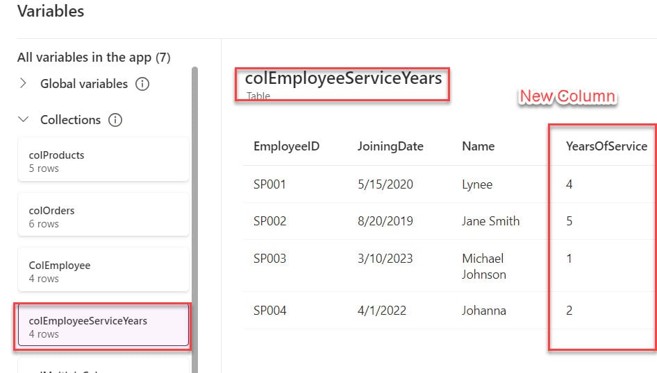 add new column to collection power apps
