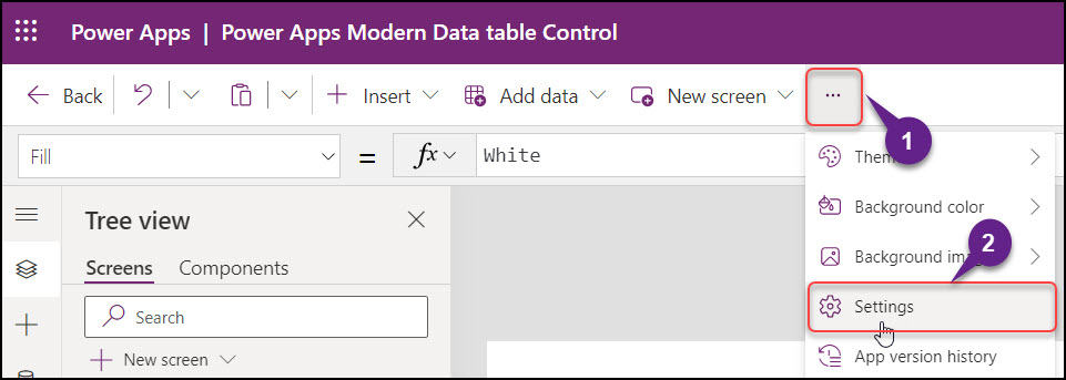 Add Power Apps Modern Data Table Control