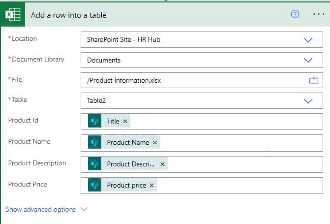 Add row to excel table dynamically using Microsoft Power automate