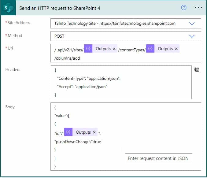 Add Site columns to site content type in SharePoint site using flow