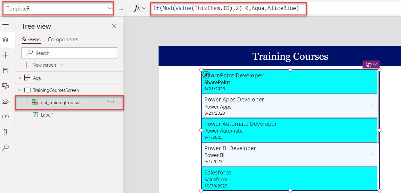 Set Power Apps Gallery Control Row Color