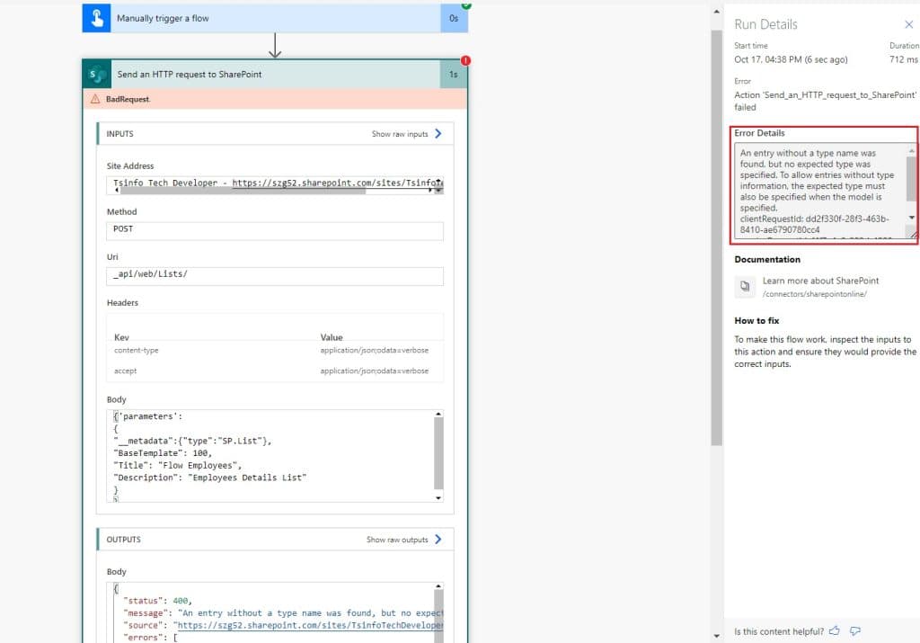 an entry without a type name was found, but no expected type was specified in power automate