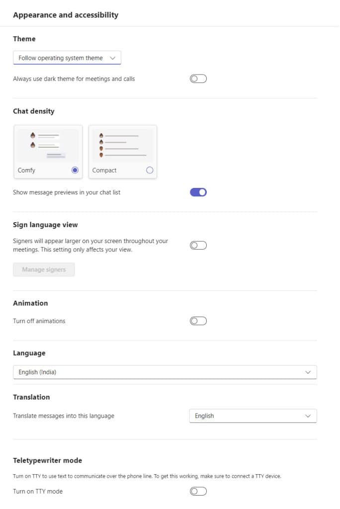 Appearance and Accessibility Settings in Microsoft Team