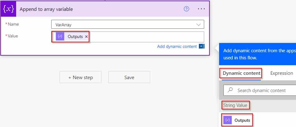 append string to array in Power Automate flow