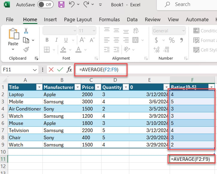 Calculate 5 Star Rating Average in Excel