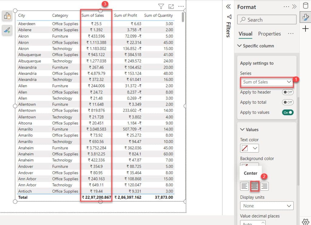 Center (align) text in columns on table in Power BI