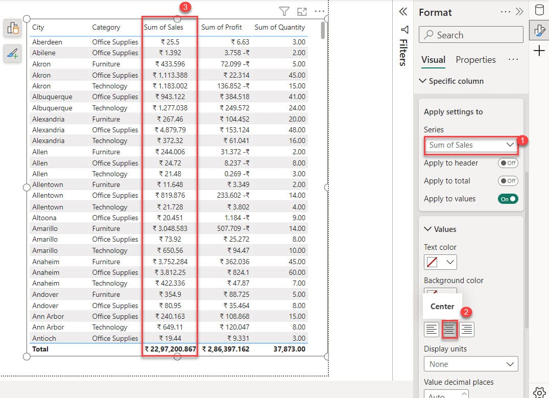 How to Center Values in Power BI Table