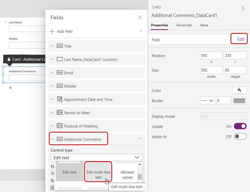 Change single line of text field to multiline text in Power Apps