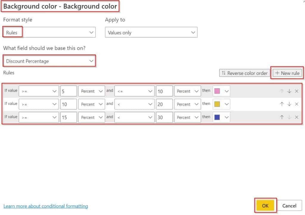 conditional formatting based on two measures in Power BI example