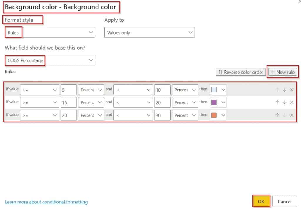 conditional formatting based on two measures in the Power BI