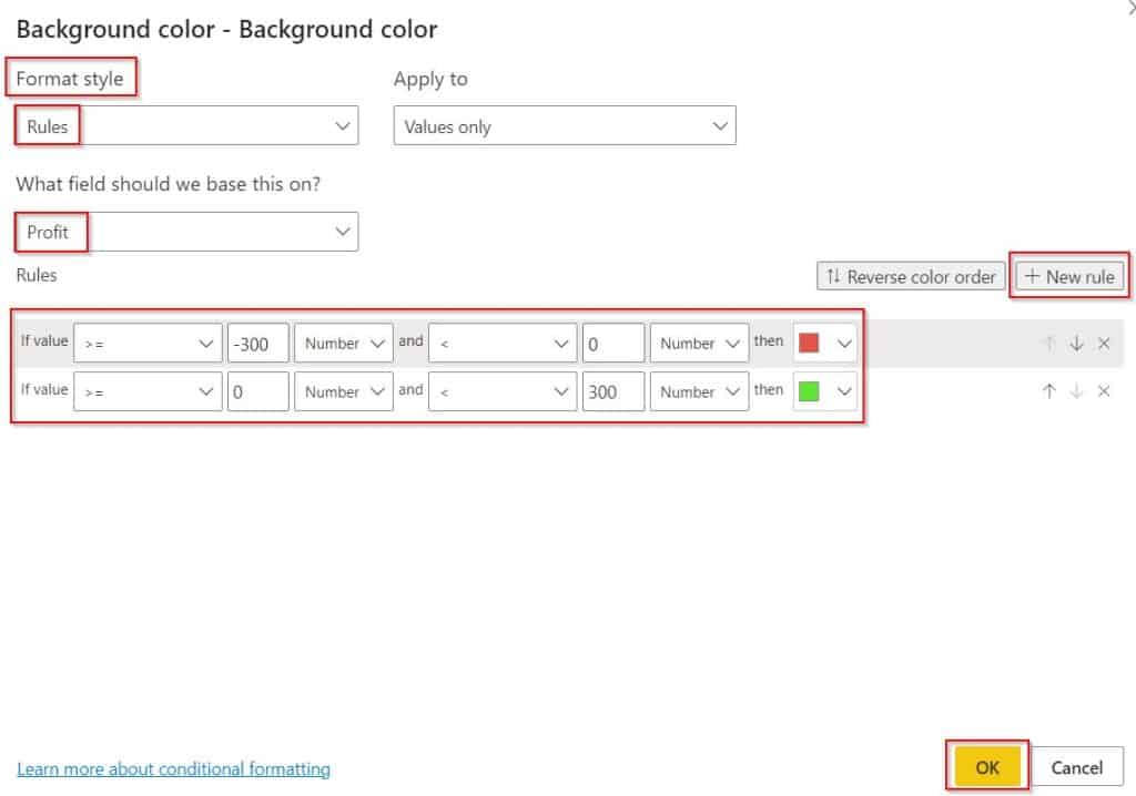 conditional formatting of positive and negative numbers in Power BI