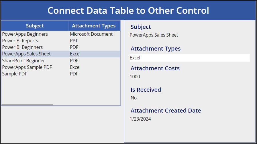 Connect Power Apps Data table control to another control