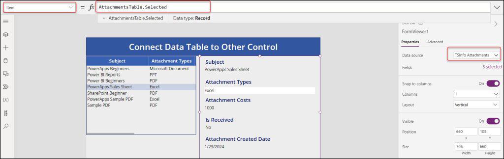 Connect Power Apps Data table to other control