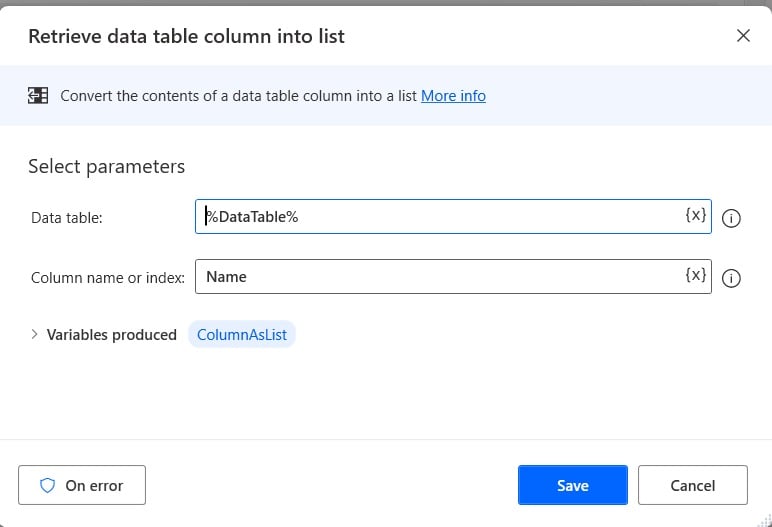 convert data table column into list using Power Automate Desktop