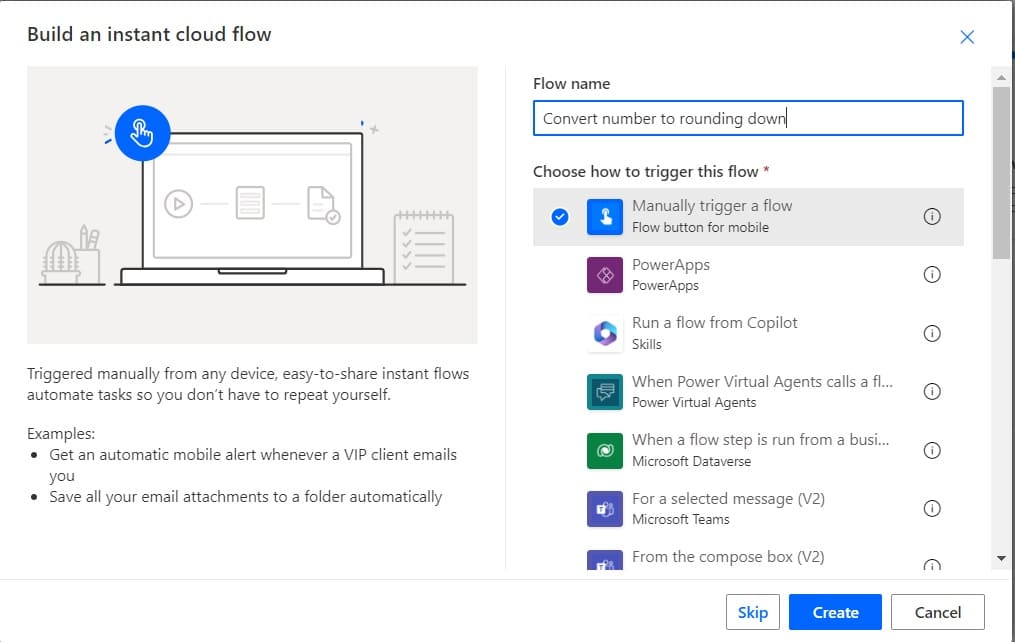 convert number to round up or down in Power Automate