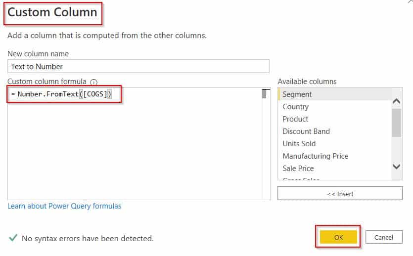 convert text to number data type in Power Query editor