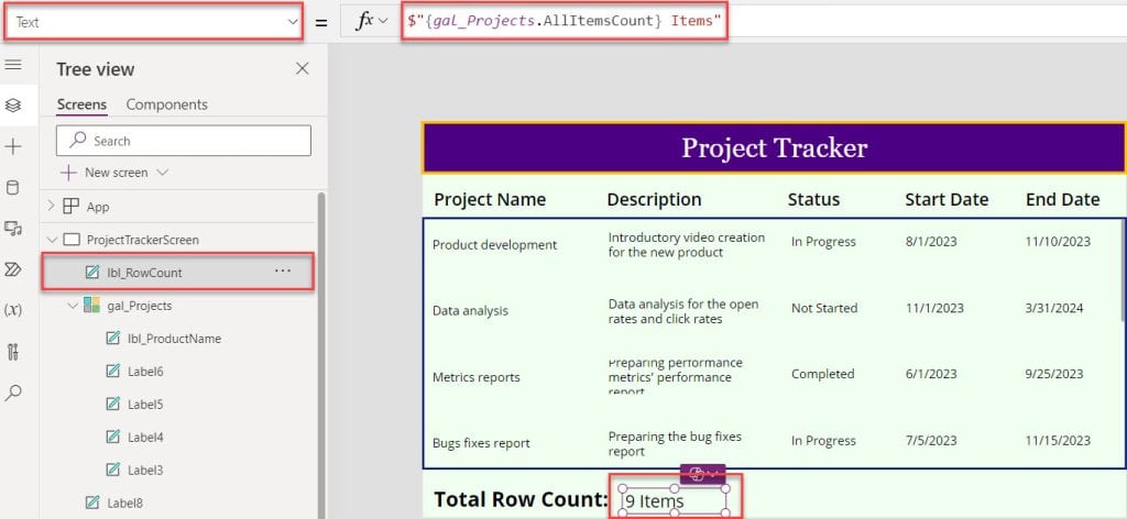 Count Rows in Power Apps Gallery with AllItemsCount