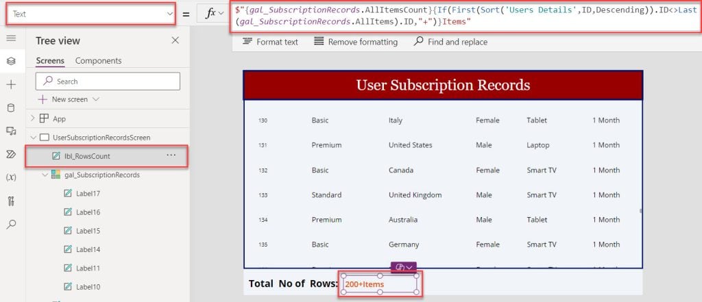 count SharePoint rows in power apps gallery control