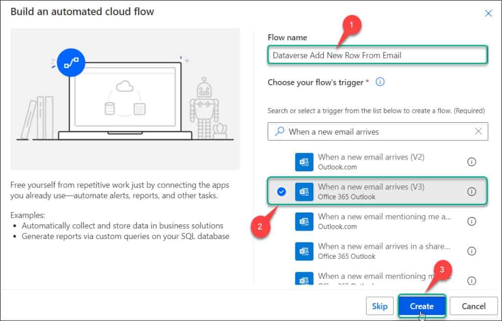 Create a new row in Dataverse using Flow