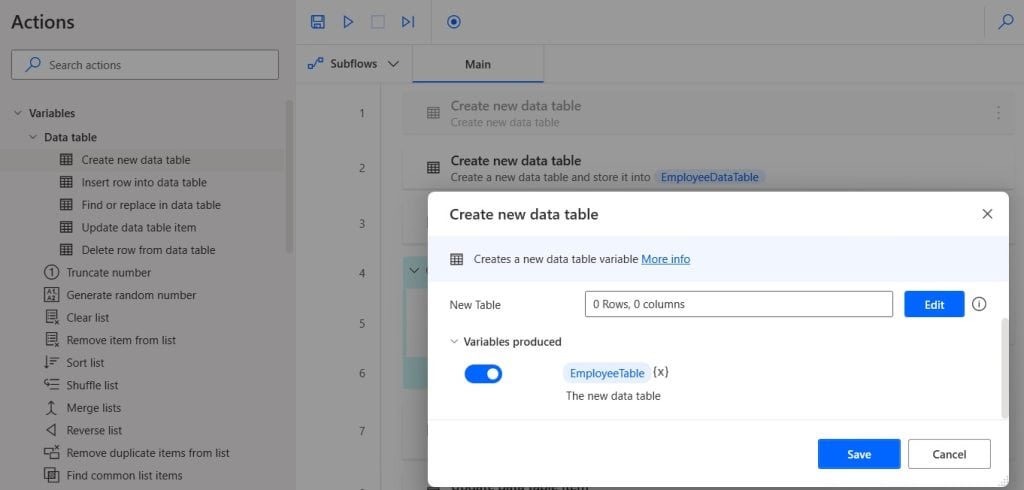 Create a new table in Power Automate desktop