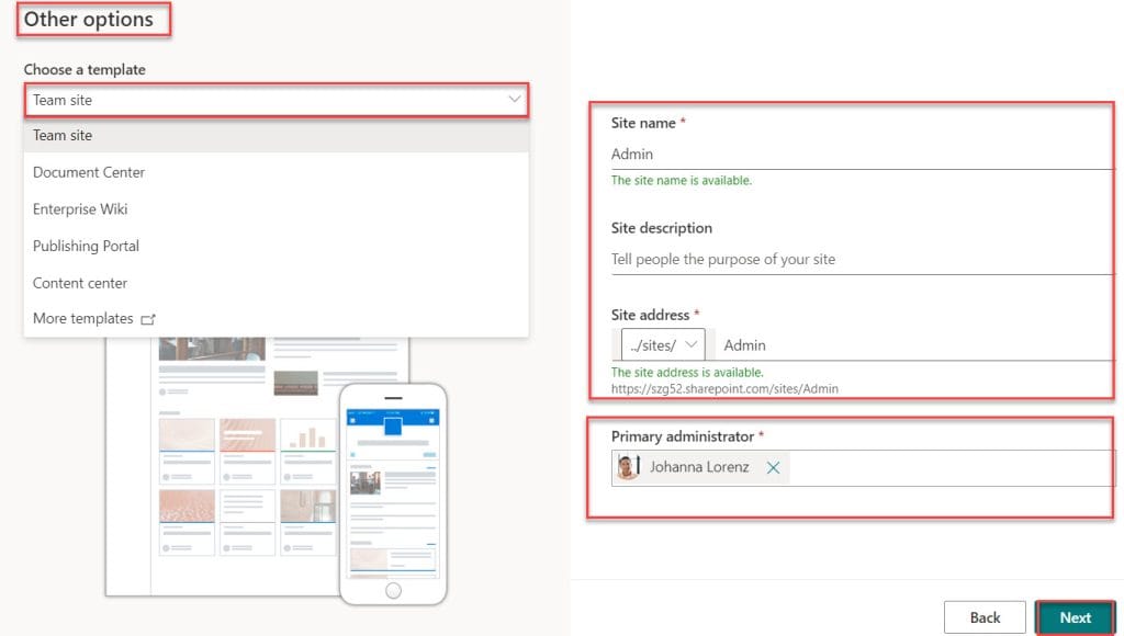 Create a SharePoint team site without group