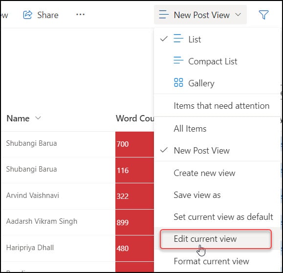 Create a view in SharePoint List