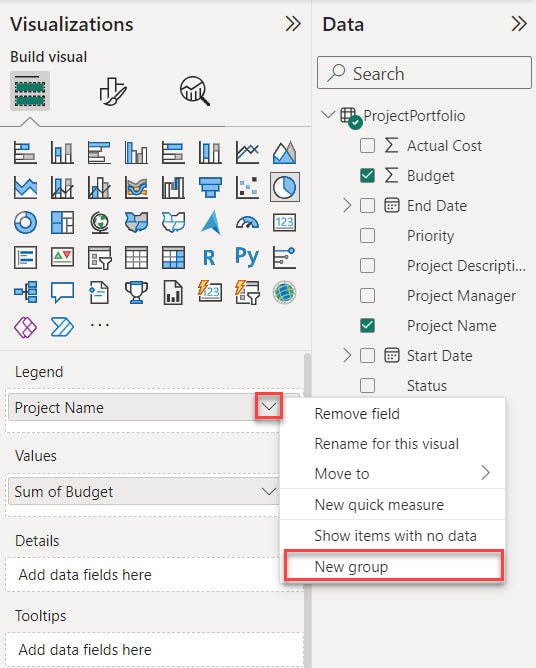 Create Groups in the Power BI pie chart