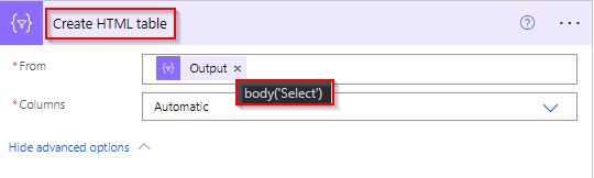 Create HTML Table flow example