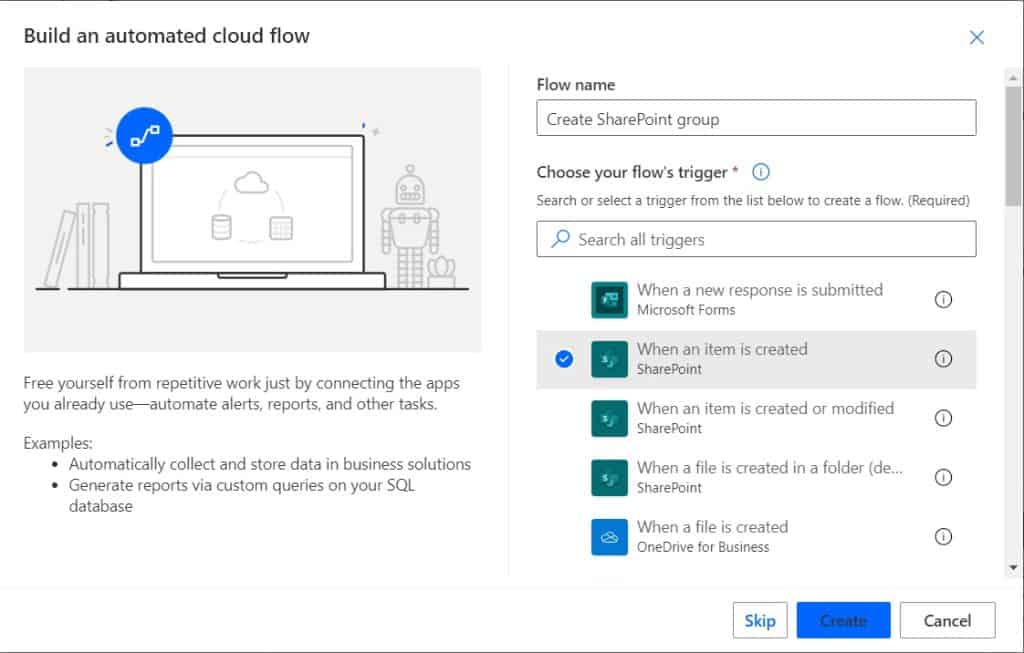 Create SharePoint group using Power automate