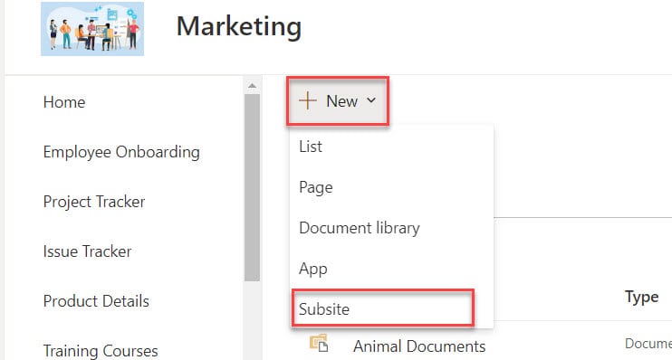 Create subsite in SharePoint Online