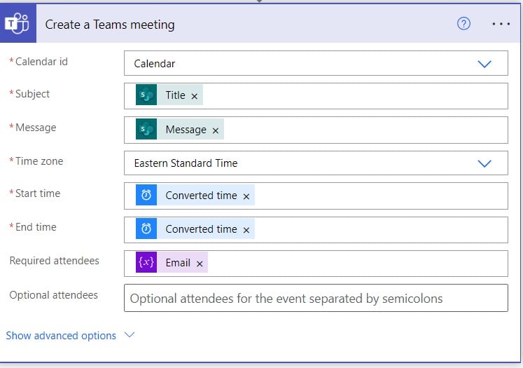 create teams meeting power automate