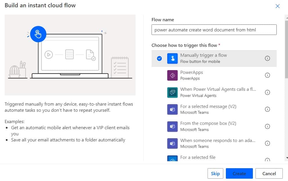 create word document from html using Microsoft power automate flow