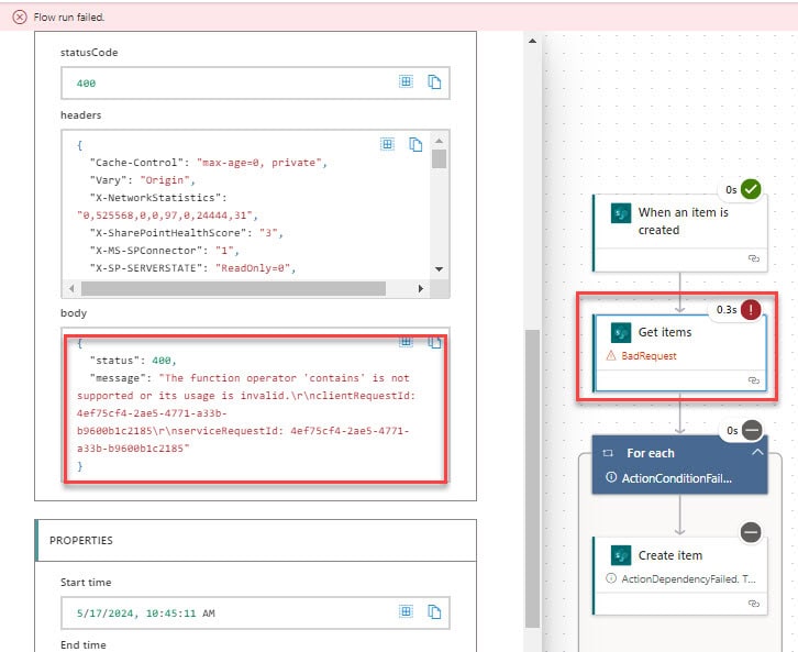 Creating query failed Power Automate