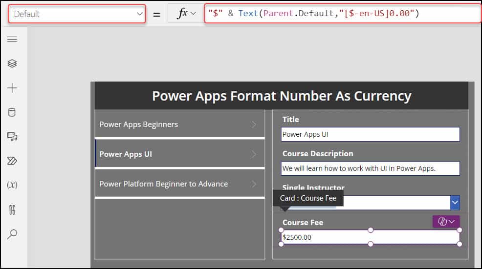 currency format powerapps