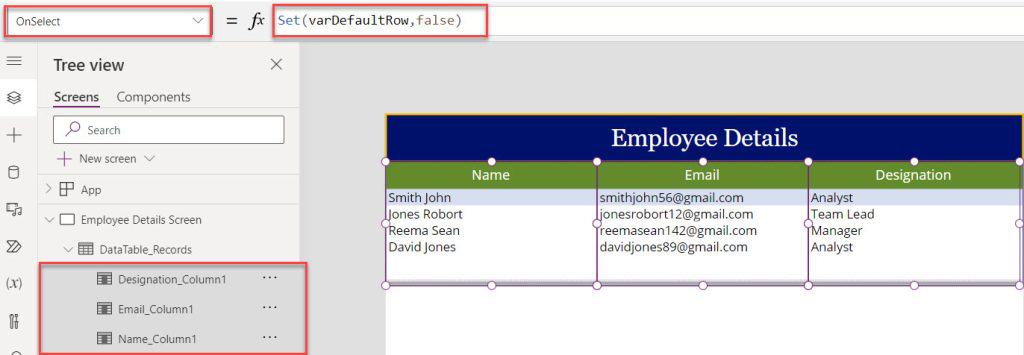 Data Table Default Select Row in PowerApps