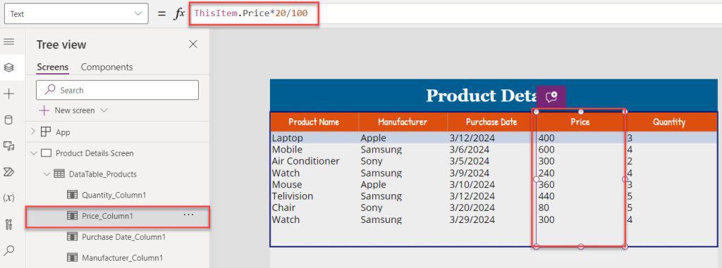 datatable in powerapps