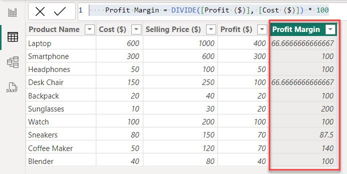 dax formula to divide two columns