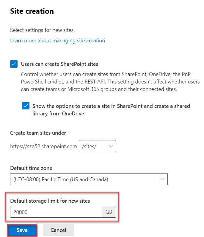 default sharepoint storage