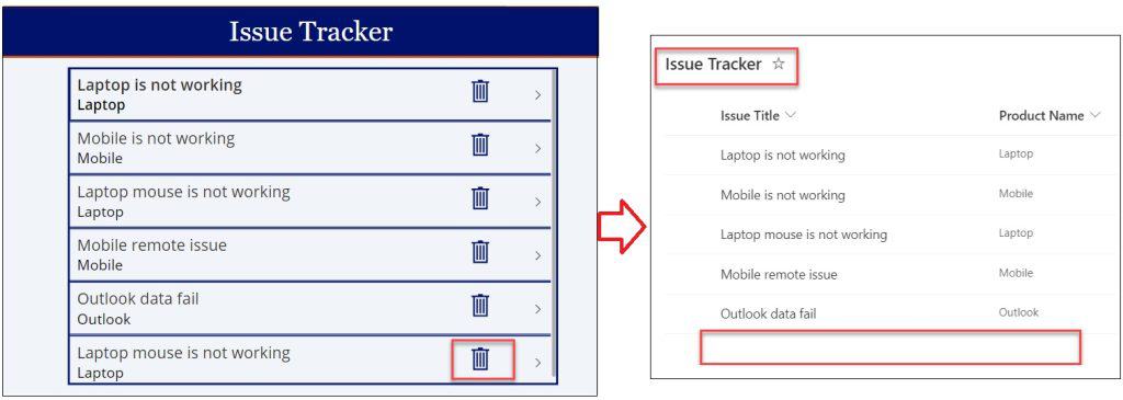 Delete a sharepoint list item from power apps gallery control