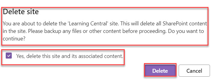 delete a site in sharepoint