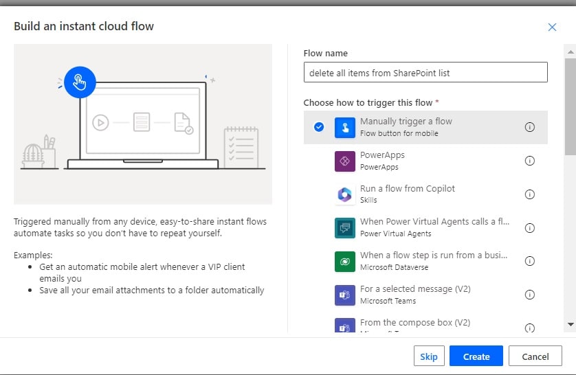 delete all items from sharepoint list power automate