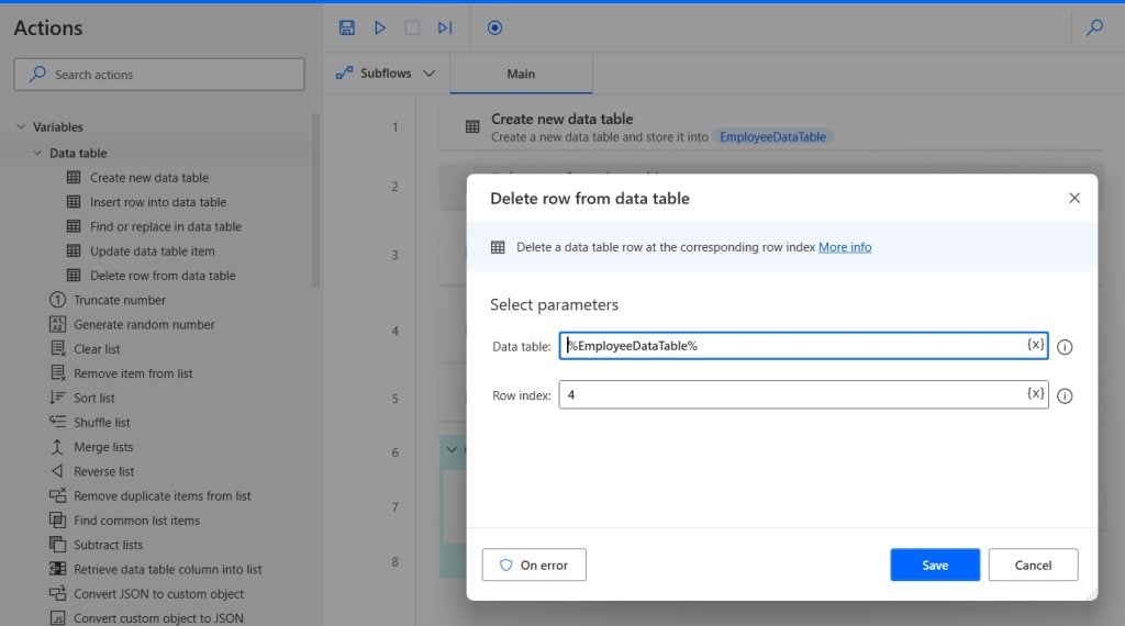 Delete row from data table in Microsoft Power Automate desktop