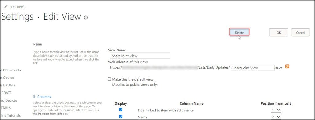 Delete SharePoint list view