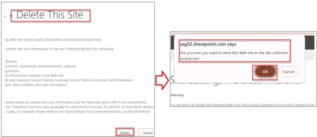 delete site sharepoint