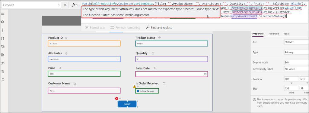 does not match the expected type record in power apps