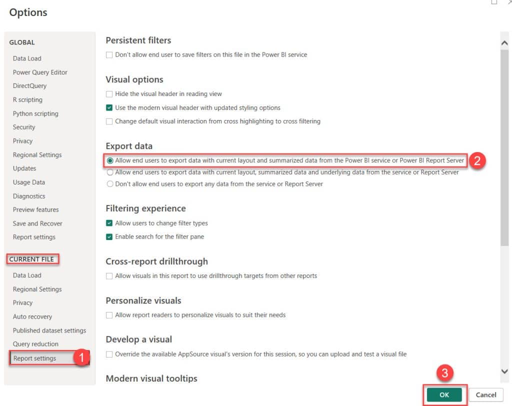 Enable Export Options in Power BI Desktop