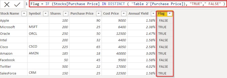 Example of Power BI checks If Text exists in another table